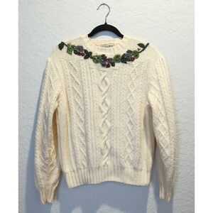 Vintage 80s L.L. Bean Pure Wool Cable Knit Sweater Size S Floral Trim Dark Cream